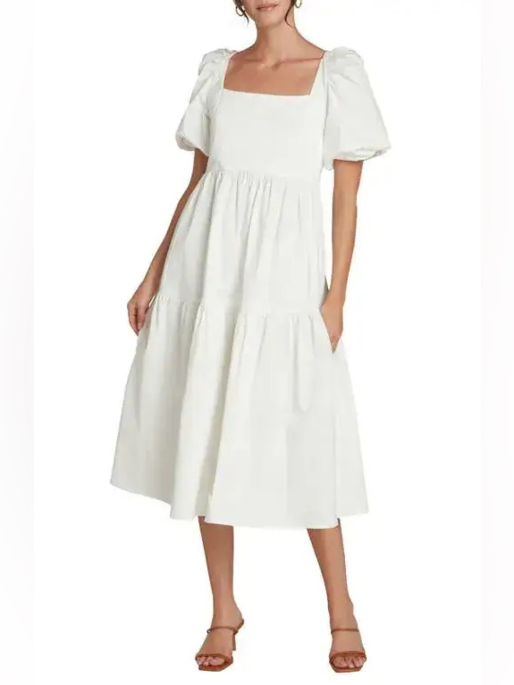 Willow White Puff-Sleeve Midi Dress with Sweetheart Neckline